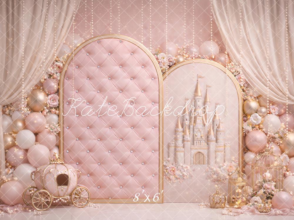 Kate Birthday Fairy Pink Princess Castle Carriage Balloon Printed Backdrop Designed by Ashley Paul