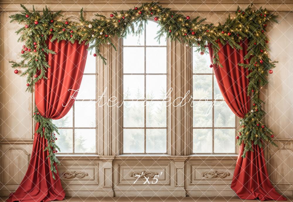 Kate Christmas Garland Window Red Curtains Backdrop Designed by Emetselch