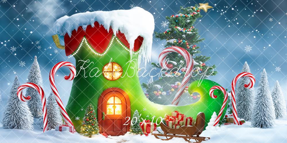 Kate Christmas Elf Shoe House Candy Cane Snowy Trees Backdrop Designed by Emetselch