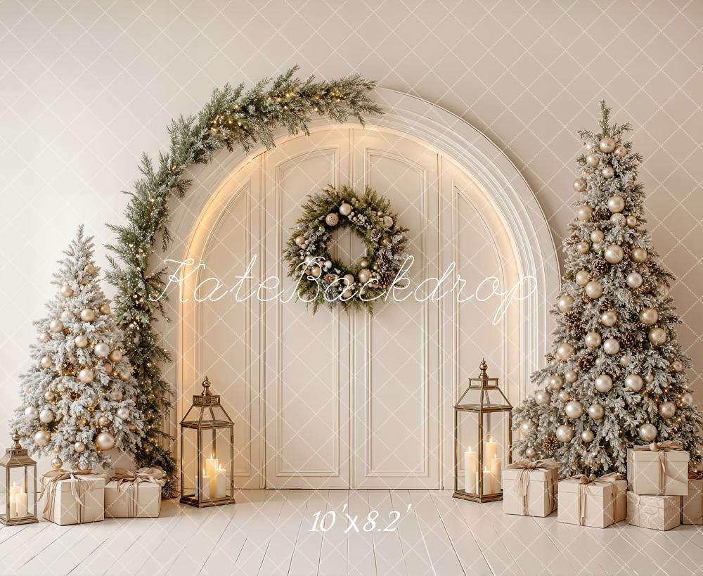 Kate Christmas White Arch Christmas Trees Wreath Printed Backdrop Designed by Emetselch