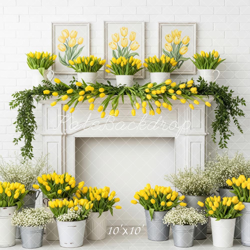 Kate Spring Yellow Tulips Flower Fireplace Backdrop Designed by Patty Roberts