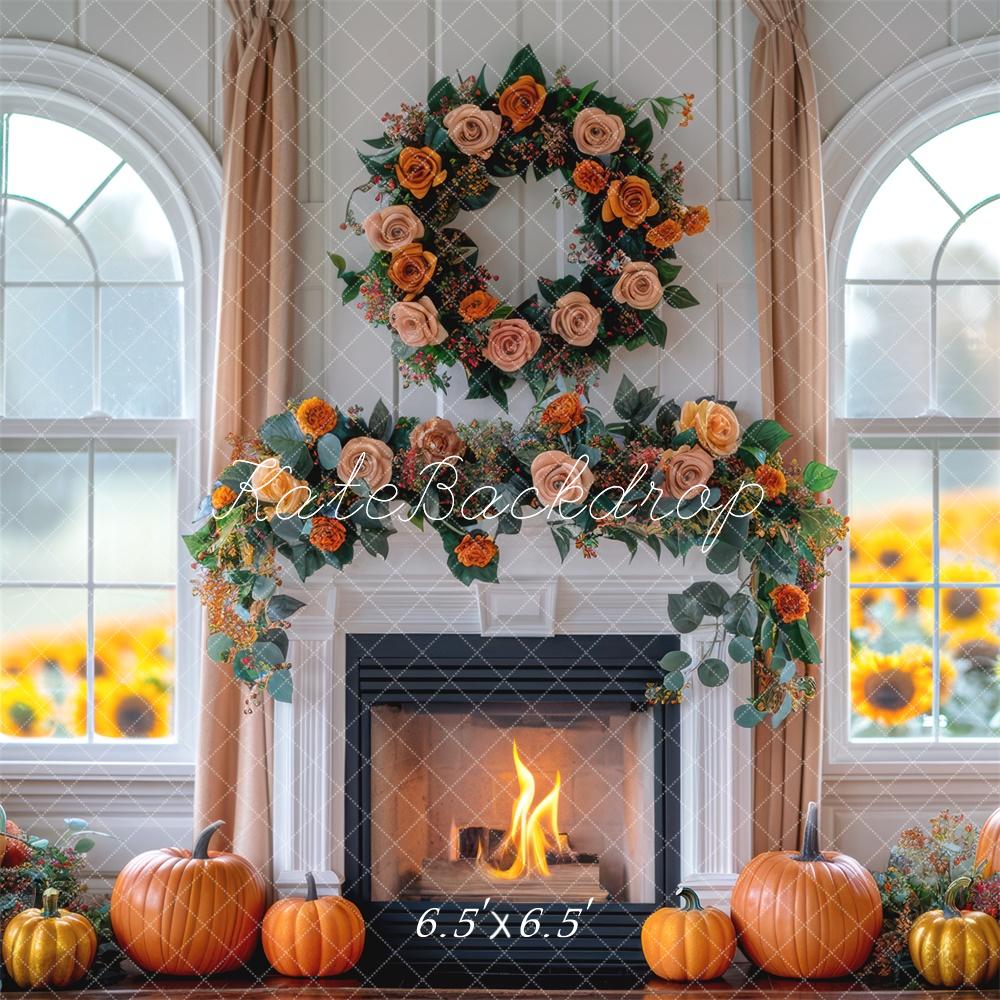 Decorazione per camino autunnale con zucche e girasoli