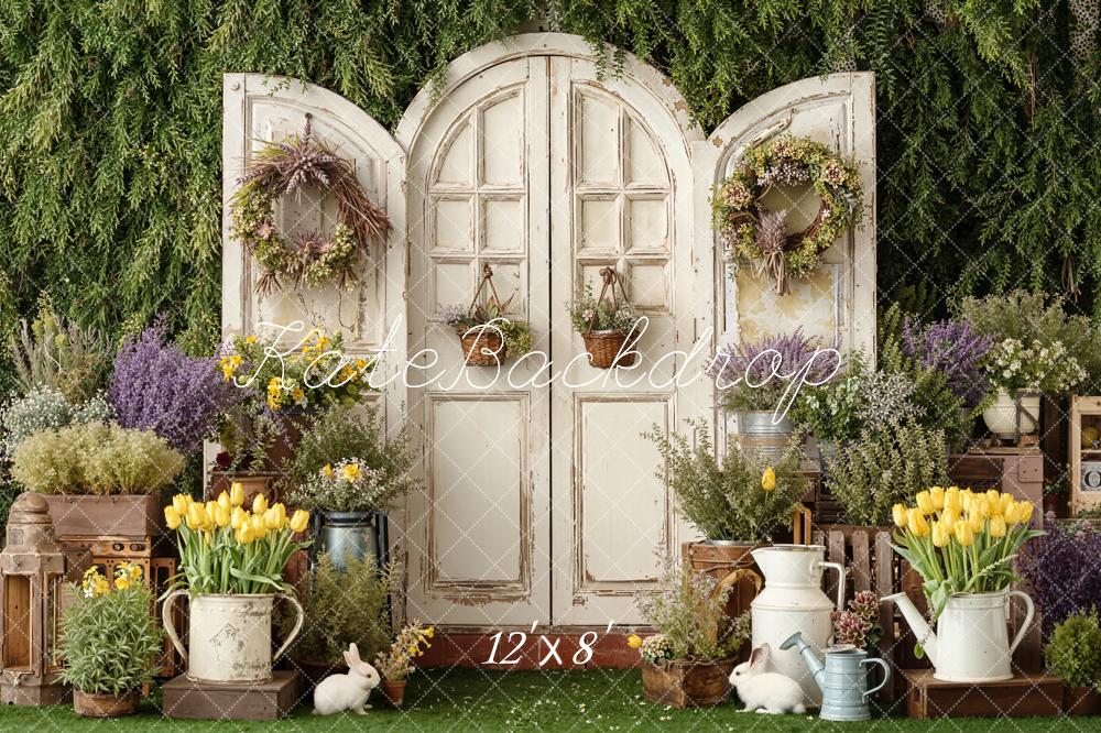 Kate Spring Flower Garden Rustic Door Wreaths Bunnies Printed Backdrop Designed by Emetselch