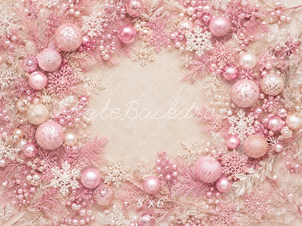 Kate Christmas Pink Ornaments Snowflakes Wreath Printed Backdrop Designed by Megan Leigh Photography