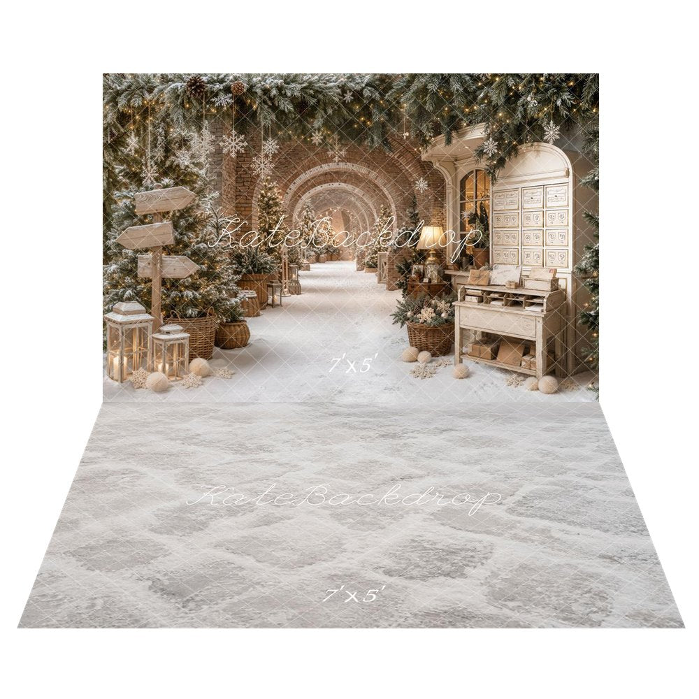 Kate Christmas Snowy Archway Pine Trees Lanterns Signpost Printed Backdrop+White Snowy Cobblestone Floor Printed Backdrop