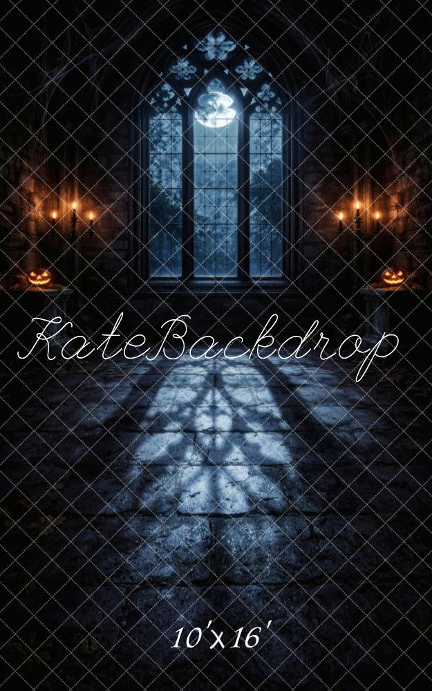 Kate Sweep Halloween Gothic Castle Window Pumpkin Candlelight Printed Backdrop Designed by Vertigo Productions