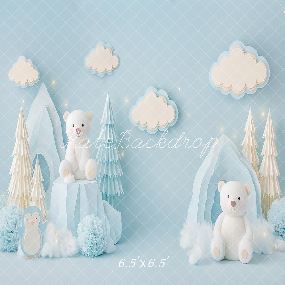 Kate Cake Smash Winter Blue Penguin Paper Bear Ice Cave Printed Backdrop Designed by Angela Miller