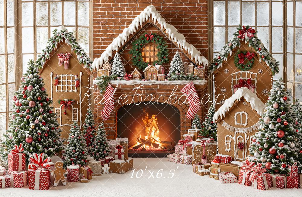 Kate Christmas Gingerbread Fireplace Trees Gifts Brick Wall Backdrop Designed by Emetselch