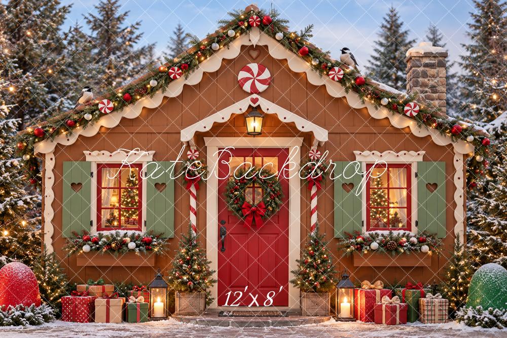 Kate Christmas Gingerbread Cottage Candy Cane Snowy Forest Printed Backdrop Designed by Vertigo Productions