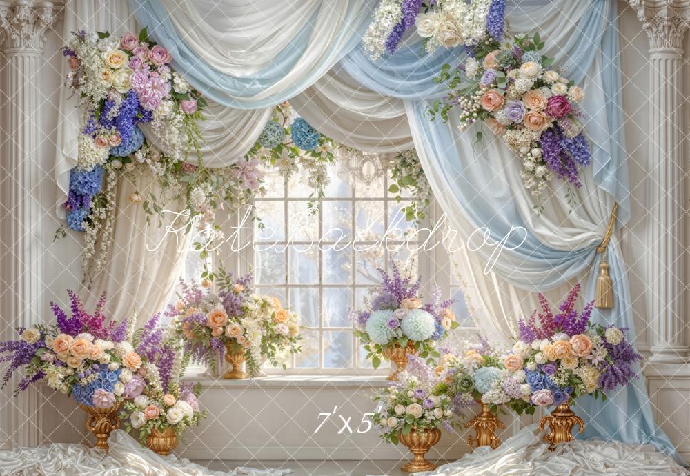 Kate Summer Flower Arch Blue Drapes Window Columns Printed Backdrop Designed by Emetselch