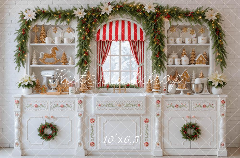 Kate Christmas Kitchen Gingerbread Garland Window Red Striped Printed Backdrop Designed by Mini MakeBelieve