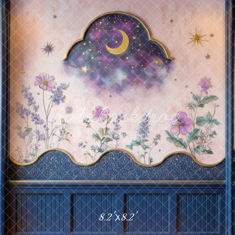 Kate Fine Art Moon Stars Floral Night Sky Wall Backdrop Designed by Mini MakeBelieve