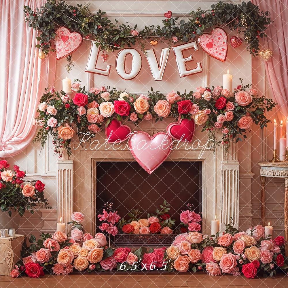 Kate Valentine's Day Pink Roses Hearts Fireplace Curtains Backdrop Designed by Emetselch