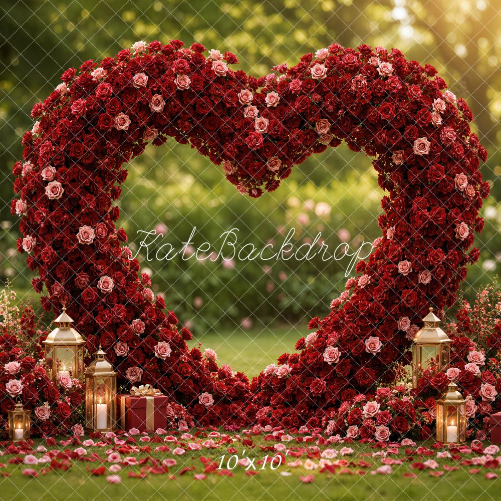 Kate Valentine's Day Red Rose Heart Arch Lanterns Printed Backdrop Designed by Emetselch