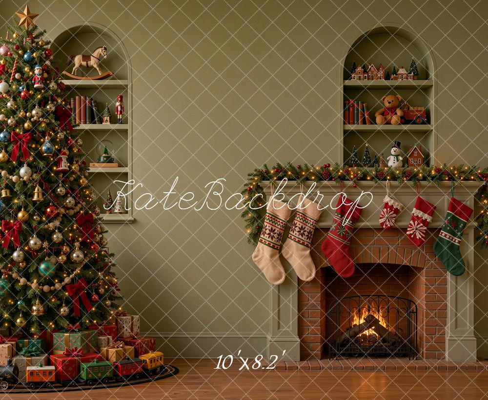 Kate Christmas Tree Fireplace Mantel Stockings Green Printed Backdrop Designed by Shutter Swan Studios