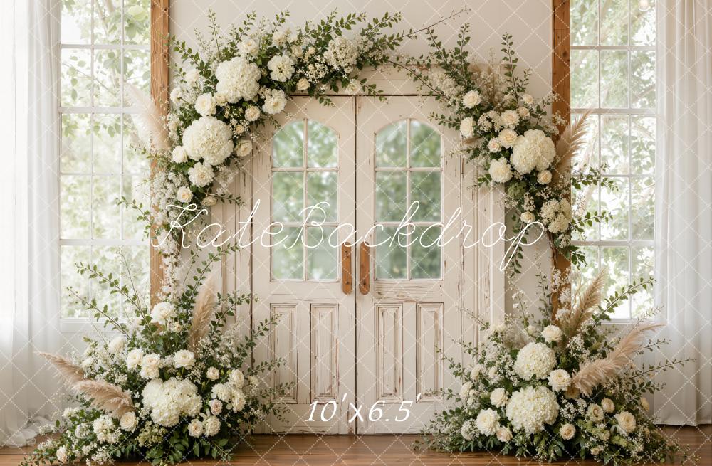 Kate Spring White Flower Arch Double Glass-paneled Doors Printed Backdrop Designed by Emetselch