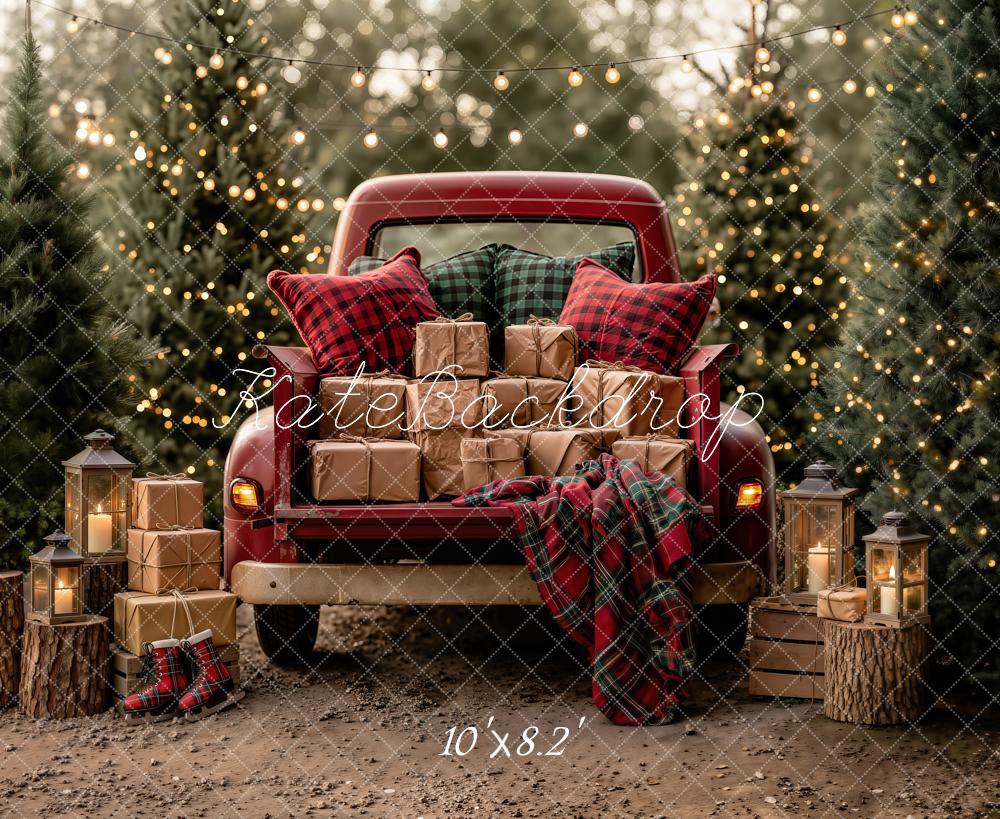 Kate Christmas Red Truck Gifts Pine Trees Red Plaid Lanterns Printed Backdrop Designed by Emetselch