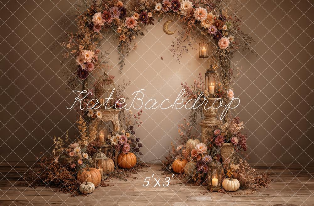 Kate Fall Floral Arch Pumpkins Lanterns Birdcage Printed Backdrop Designed by Jordan Moon