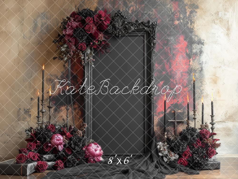 Kate Halloween Gothic Frame Black Ornate Roses Candles Backdrop Designed by Mini MakeBelieve