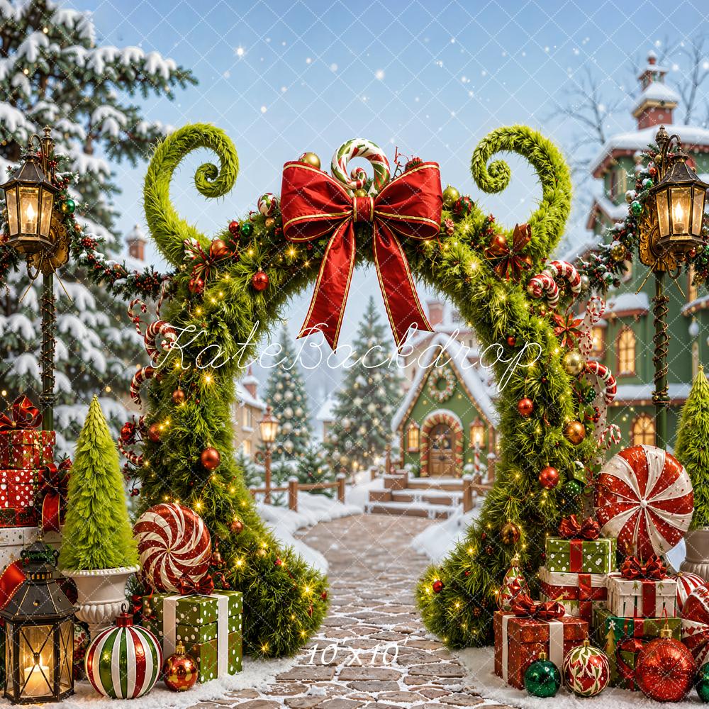 Kate Christmas Fantasy Green Arch Village Peppermint Candy Lane Printed Backdrop Designed by Chain Photography