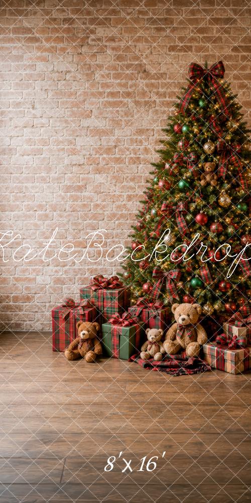 Kate Sweep Christmas Tree Teddy Bears Presents Brick Wall Printed Backdrop Designed by Megan Leigh Photography
