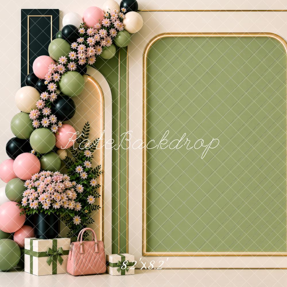 Kate Birthday Luxury Sage Green Pink Floral Balloon Arch Gold Frame Handbag Printed Backdrop Designed by Shutter Swan Studios