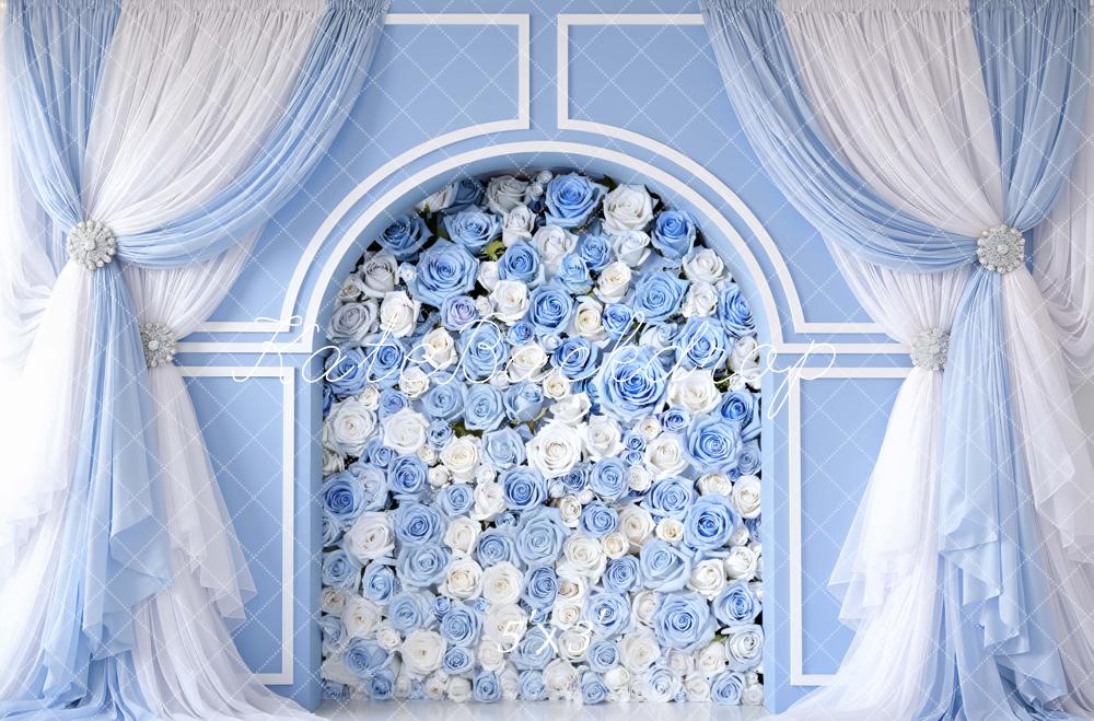 Kate Blue Flower Arch White Rose Curtain Printed Backdrop Designed by Mini MakeBelieve