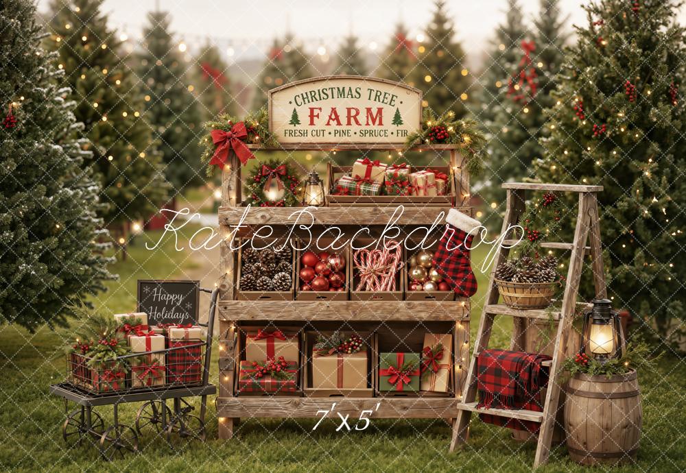 Kate Christmas Tree Farm Gift Display Rustic Ladder Printed Backdrop Designed by Emetselch