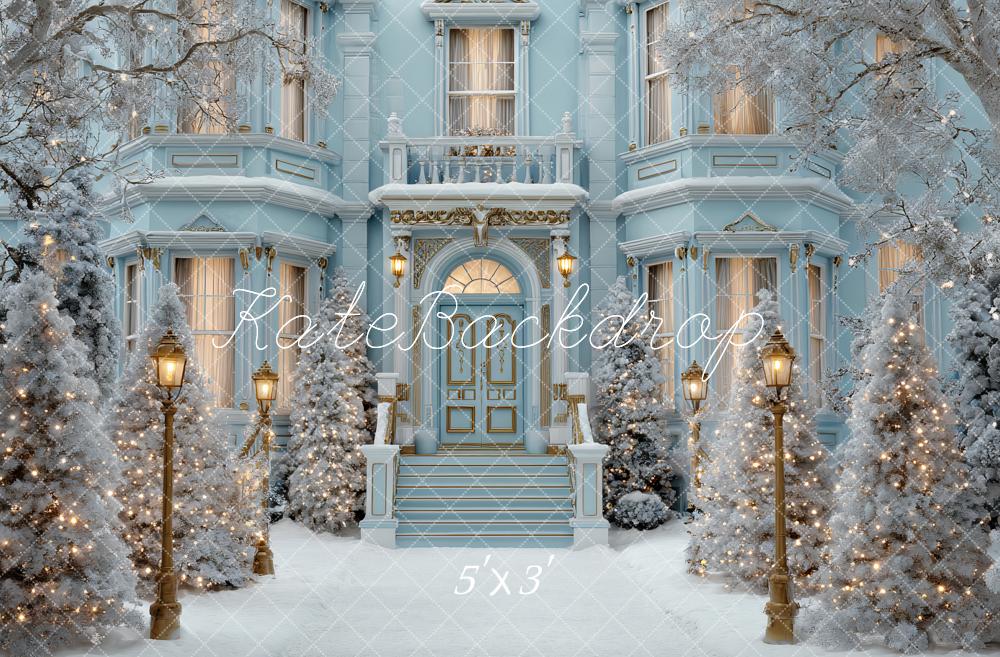 Kate Christmas Blue Mansion Snowy Trees Lamp Post Backdrop Designed by Ashley Paul