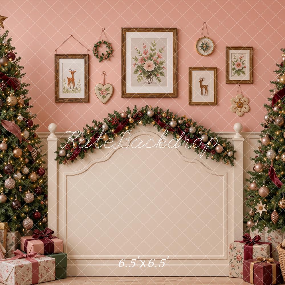 Kate Christmas Headboard Pink Trees Garland Printed Backdrop Designed by Shutter Swan Studios