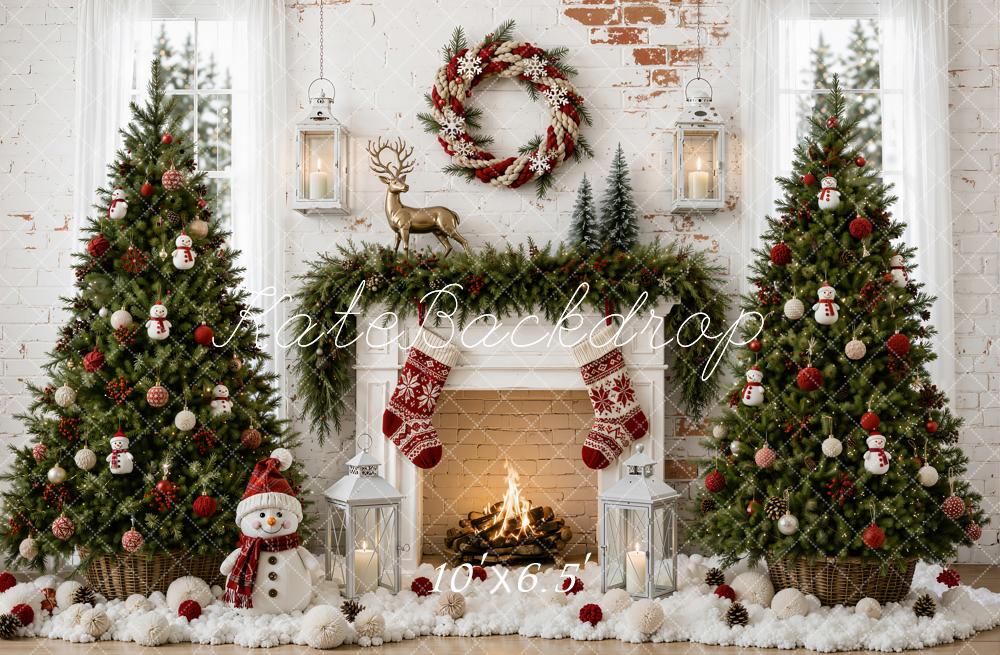 Kate Christmas Trees Fireplace Snowman Reindeer Wreath Vintage Wall Printed Backdrop Designed by Emetselch
