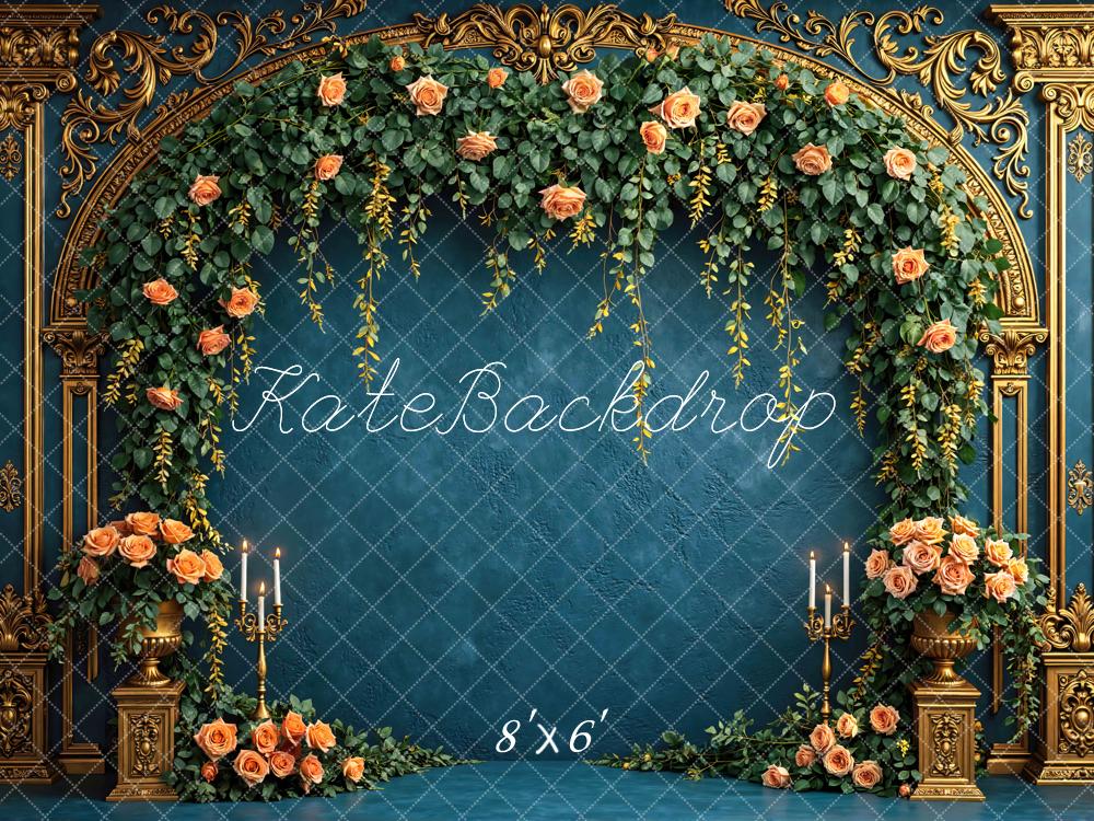Kate Spring Flower Arch Gold Ornate Blue Floral Roses Printed Backdrop Designed by Mini MakeBelieve
