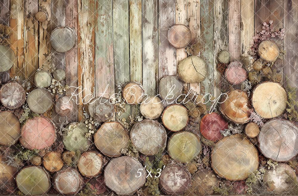 TEST Kate Rustic Wood Slices Pastel Wood Planks Printed Backdrop Designed by Angela Miller