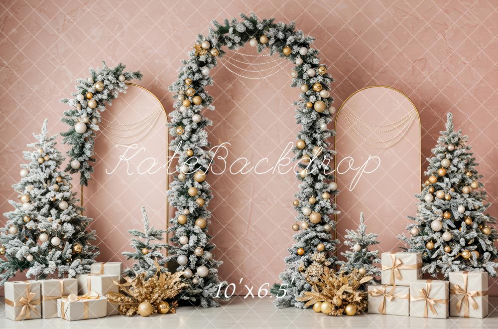 Kate Christmas Gold Arch Snowy Trees Backdrop Designed by Patty Roberts