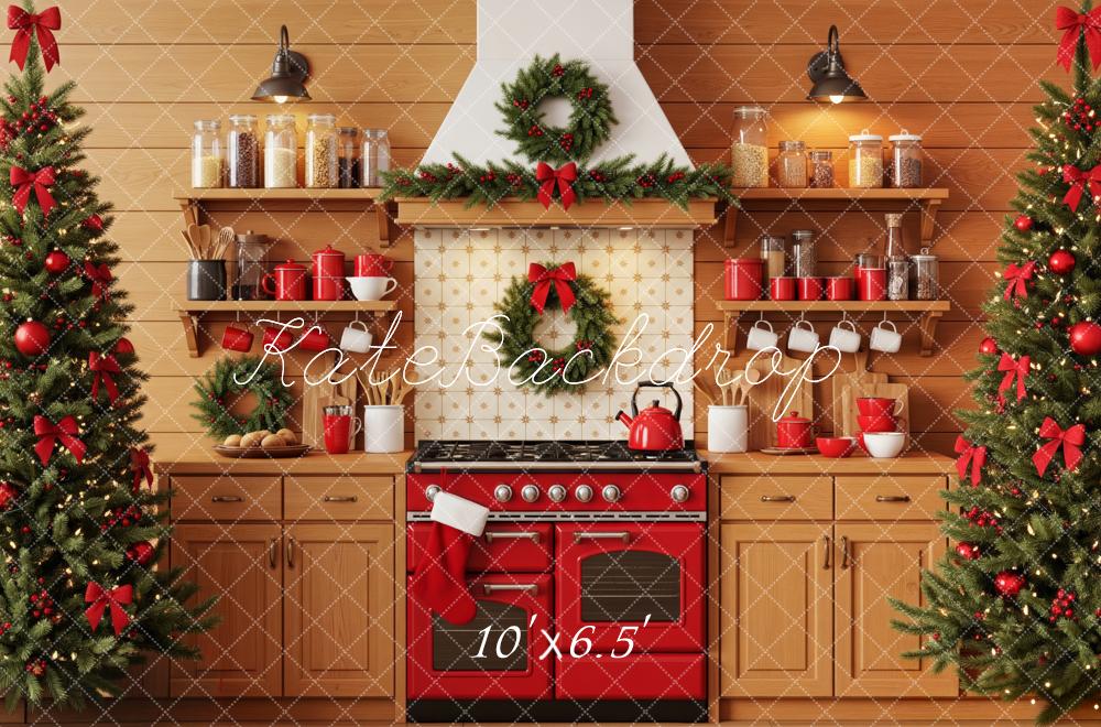 Kate Christmas Kitchen Red Stove Garland Wreath Christmas Tree Backdrop Designed by Patty Roberts