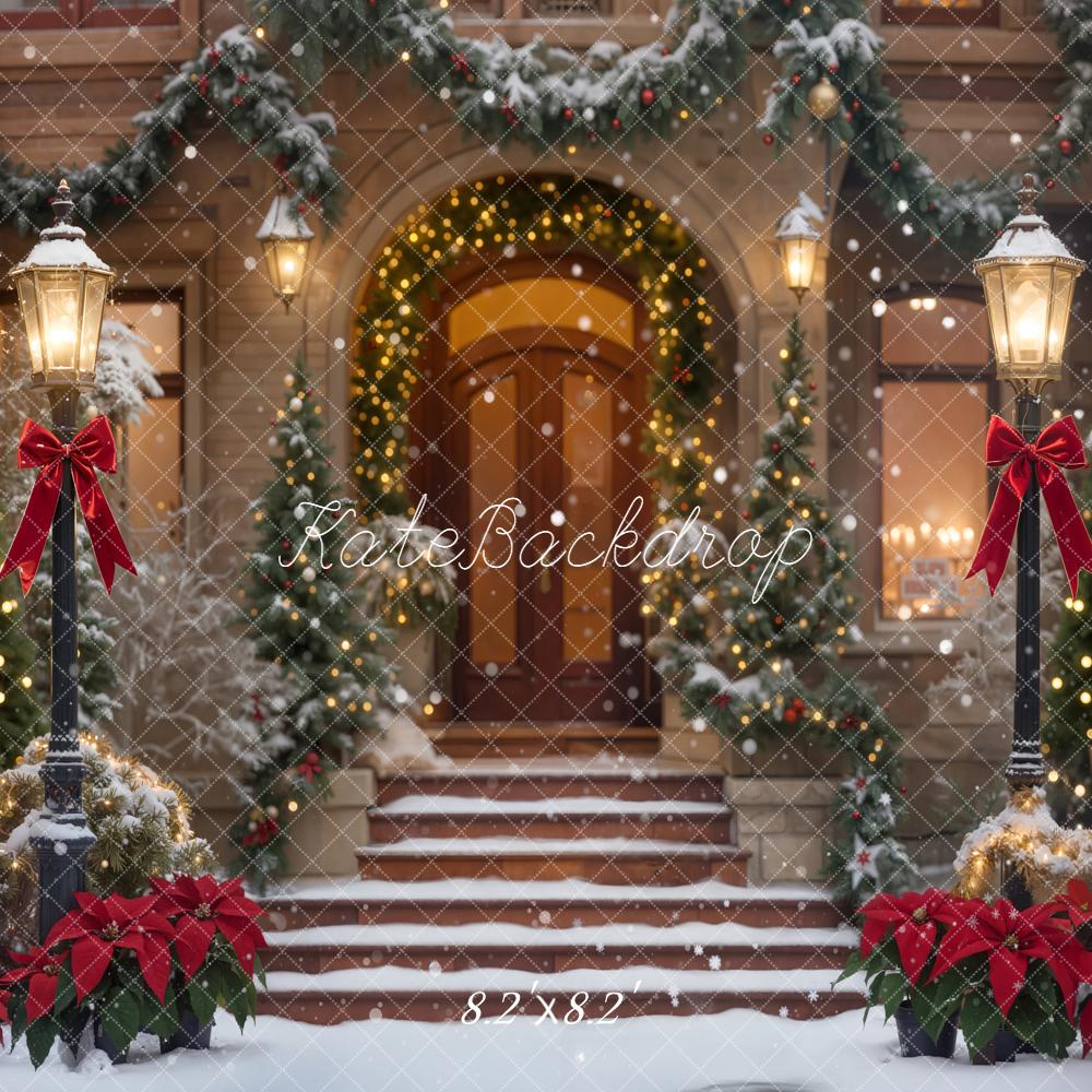 Kate Christmas Snowy Porch Garland Red Bows Lamppost Backdrop Designed by Emetselch