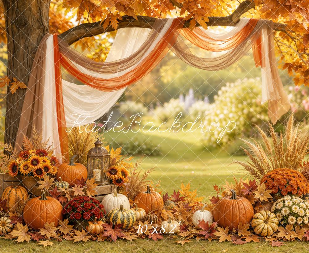 Kate Fall Branch Arch Drapes Pumpkin Floral Outdoor Printed Backdrop Designed by Emetselch