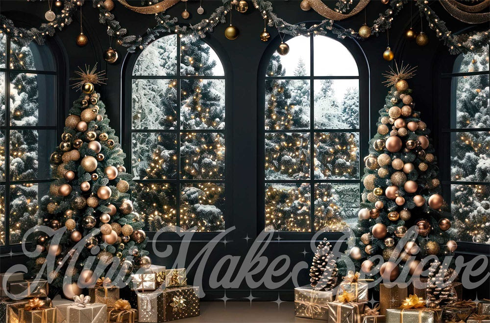 Fondo de ventana arqueada negro para fiesta navideña en interiores diseñado por Mini MakeBelieve