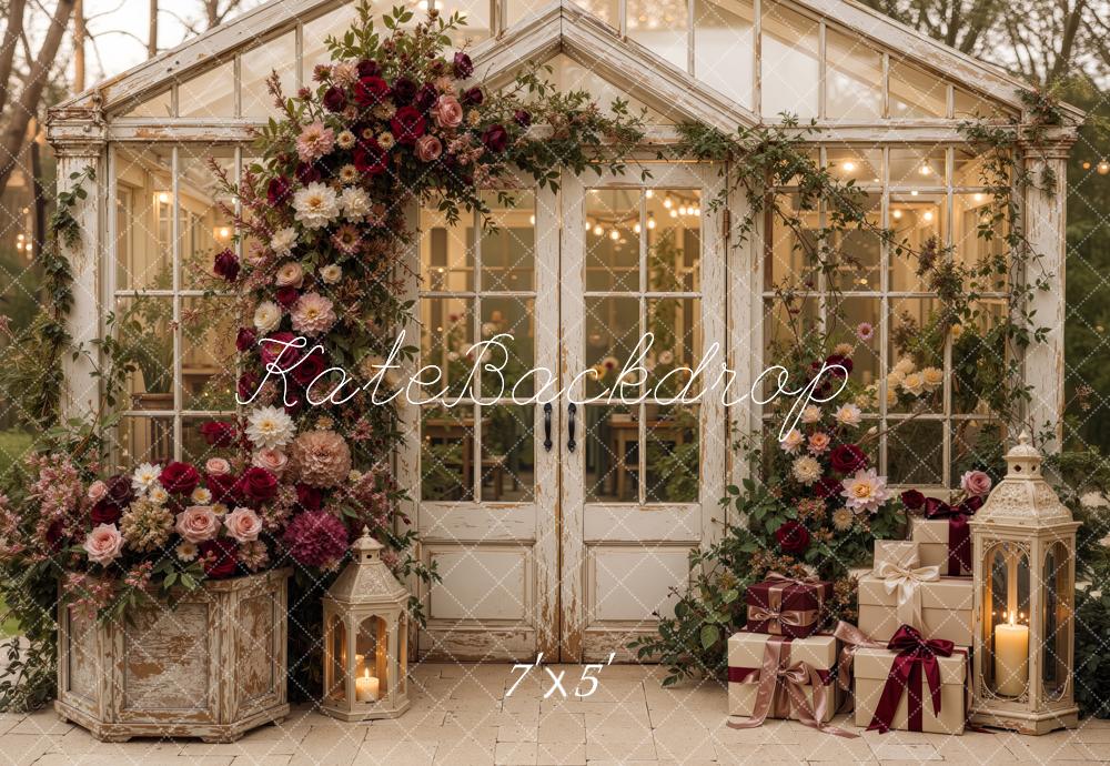 Kate Valentine's Day Greenhouse Flower Arch Gift Lanterns Printed Backdrop Designed by Jordan Moon