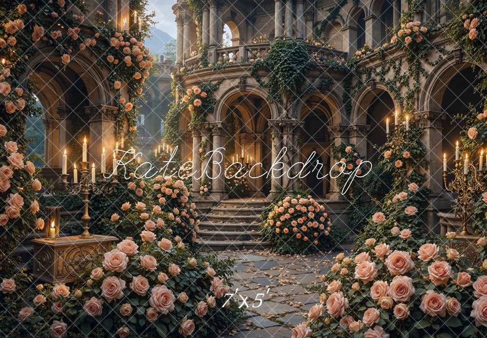 Kate Spring Flower Arch Candlelight Cascading Stairs Printed Backdrop Designed by Mini MakeBelieve