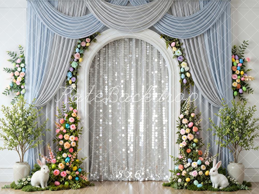 Kate Easter Bunny Floral Arch Blue Curtains Backdrop Designed by Mini MakeBelieve