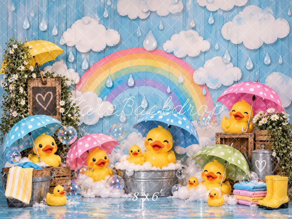 Kate Baby Shower Spring Blue Rainy Day Ducks Umbrellas Rainbow Printed Backdrop Designed by Laura Bybee