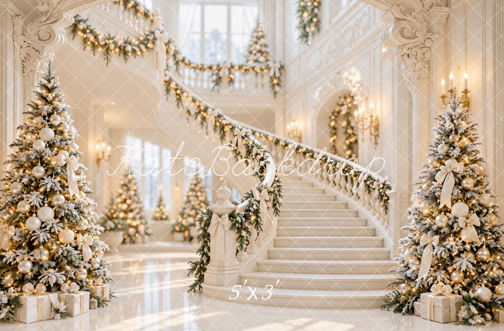 Kate Christmas Trees White Grand Staircase Garland Luxury Printed Backdrop Designed by Emetselch