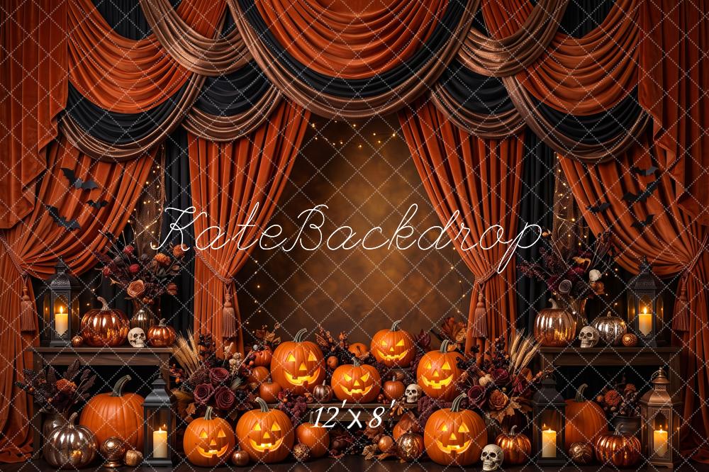 Kate Halloween Drapery Pumpkin Skull Bats Printed Backdrop Designed by Patty Roberts