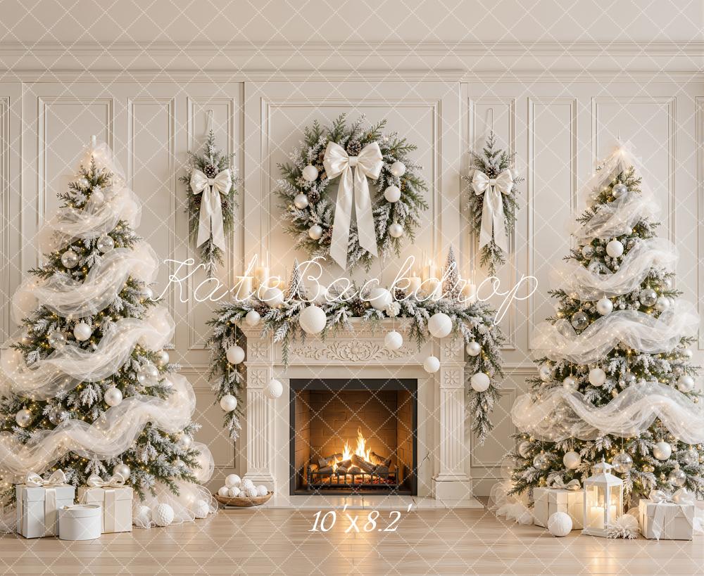 Kate Christmas Trees White Sheer Organza Ribbon Fireplace Wreath Printed Backdrop Designed by Emetselch