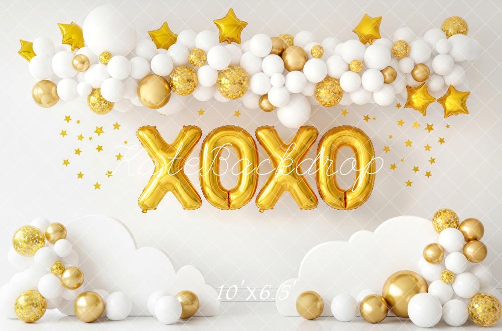Kate Cake Smash Gold Balloons XOXO Clouds and Stars Backdrop Designed by Patty Roberts
