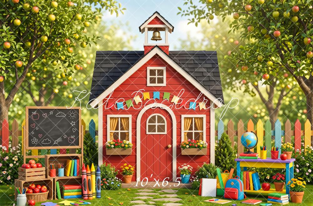 Kate Back To School Red Schoolhouse Apple Orchard Chalkboard Printed Backdrop Designed by Patty Roberts