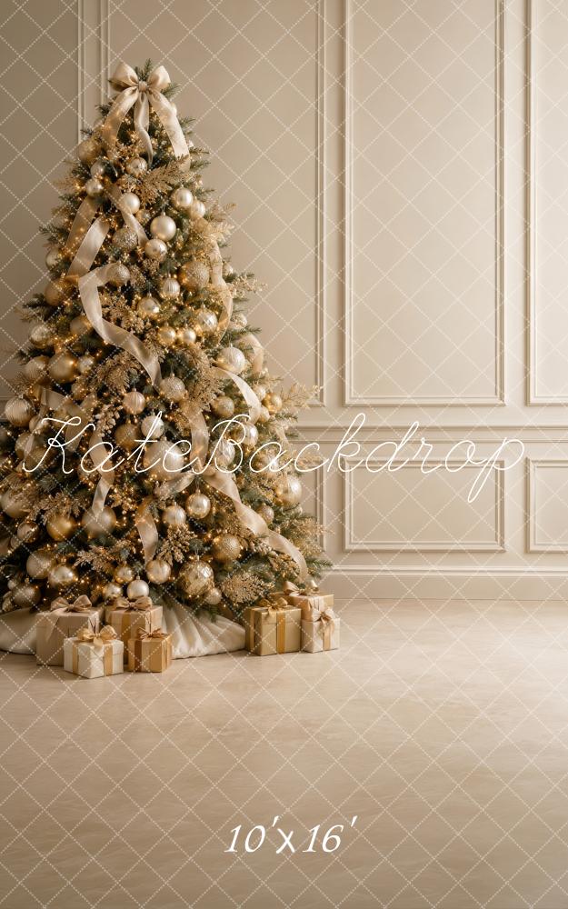 Kate Sweep Christmas Tree Gold Ornaments Gifts Neutral Wall Printed Backdrop Designed by Megan Leigh Photography