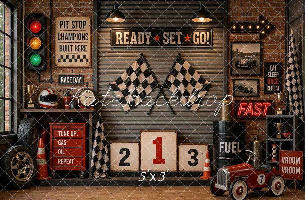 Kate Vintage Racing Garage Vintage Pedal Car Checkered Flags Printed Backdrop Designed by Shutter Swan Studios