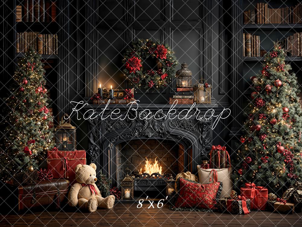 Kate Christmas Vintage Fireplace Wreath Trees Gifts Bookshelves Backdrop Designed by Emetselch